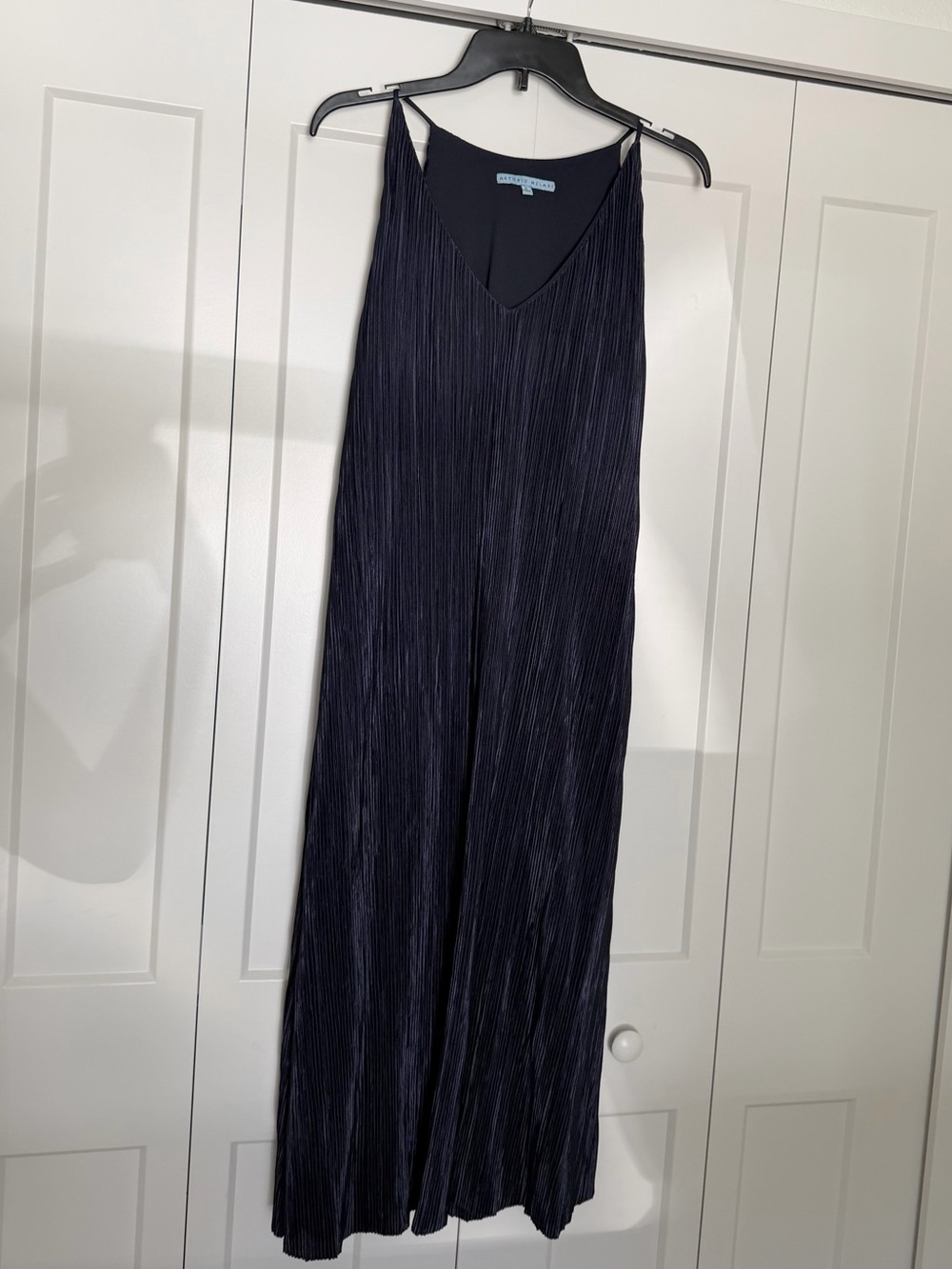 ANTONIO MELANI Navy Pleated V-Neck Spaghetti-Strap Dress
